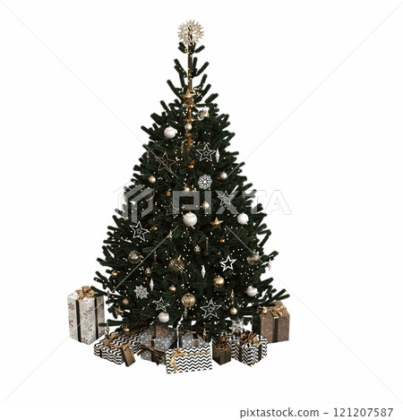 Christmas tree with decorations, isolated on white background, 3D illustration, cg render Christmas tree with decorations, isolated on white background, 3D illustration, cg render 121207587