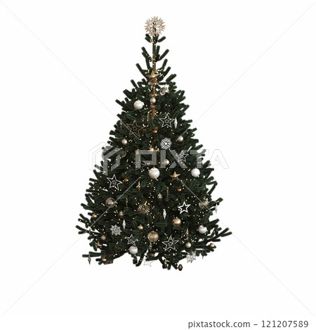 Christmas tree with decorations, isolated on white background, 3D illustration, cg render 121207589