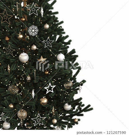 Christmas tree with decorations, isolated on white background, 3D illustration, cg render 121207590