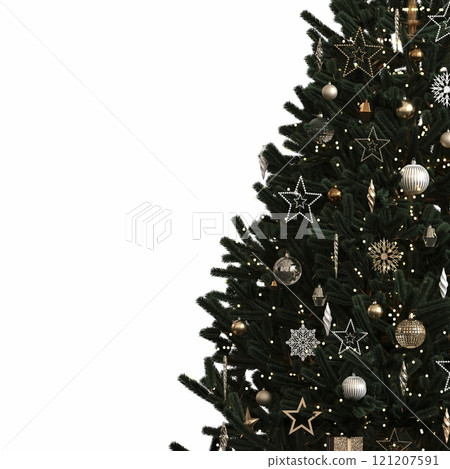 Christmas tree with decorations, isolated on white background, 3D illustration, cg render 121207591