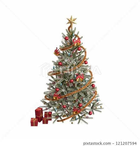Christmas tree with decorations, isolated on white background, 3D illustration, cg render Christmas tree with decorations, isolated on white background, 3D illustration, cg render 121207594