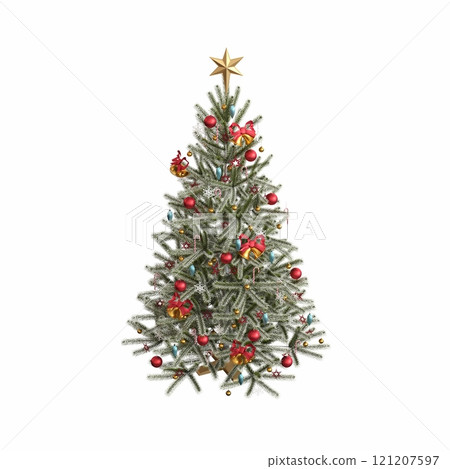 Christmas tree with decorations, isolated on white background, 3D illustration, cg render Christmas tree with decorations, isolated on white background, 3D illustration, cg render 121207597