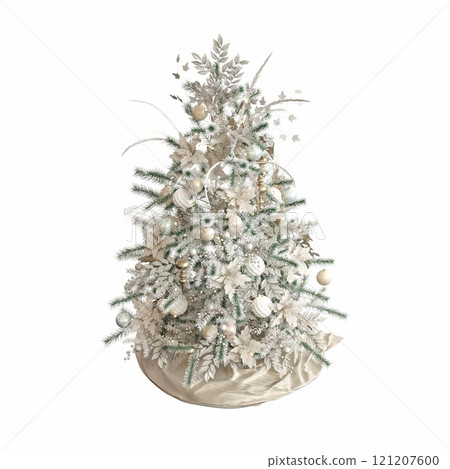 Christmas tree with decorations, isolated on white background, 3D illustration, cg render 121207600