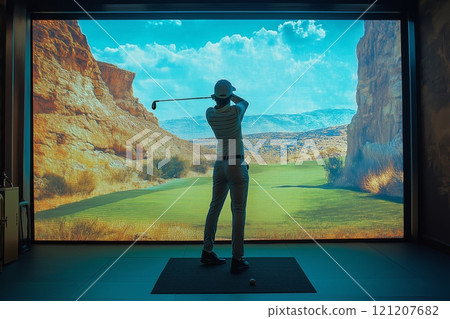 Indoor golfer practicing swing in a virtual environment at a simulation center 121207682