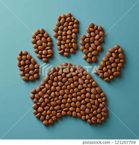 Creative arrangement of pet food resembling a paw print on a blue surface 121207709