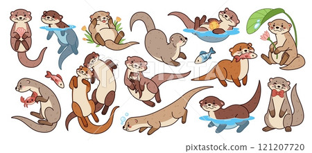 Cartoon cute sea otter characters. Funny wild marine animals, different actions and poses, cute water happy mammals, swimming, playing and eating, isolated stickers, kawaii tidy vector set Cartoon cute sea otter characters. Funny wild marine animals, different actions and poses, cute water happy mammals, swimming, playing and eating, isolated stickers, kawaii tidy vector set 121207720