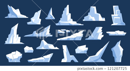 Cold sea floating glaciers. Icebergs in northern ocean, frozen blocks, water, white mountains pieces, different shapes winter decorative objects, nowaday vector cartoon flat isolated set 121207725