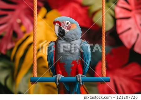 Colorful macaw perched on a swing surrounded by lush foliage in a bright setting 121207726