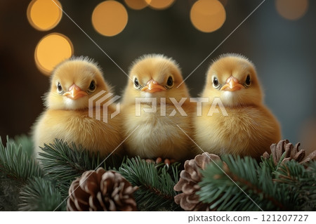 Three fluffy yellow chicks perched on pine branches with festive lights 121207727