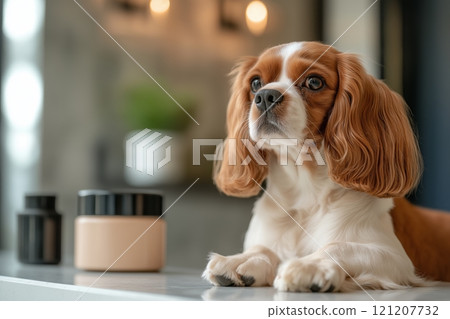 Cute dog relaxing next to mockup skincare products on a bright countertop Cute dog relaxing next to mockup skincare products on a bright countertop 121207732