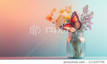 Butterfly resting on a jar of blossoms in soft light, copy space Butterfly resting on a jar of blossoms in soft light, copy space 121207740