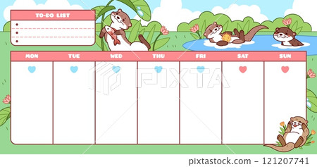 Cute otters kids weekly planner. Funny to do list with water mammals, wild animals swimming, fishing, schedule design, kids schedule, cartoon flat isolated, tidy vector timetable concept Cute otters kids weekly planner. Funny to do list with water mammals, wild animals swimming, fishing, schedule design, kids schedule, cartoon flat isolated, tidy vector timetable concept 121207741