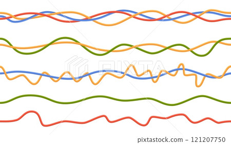 Electrical cable borders. Interlacing colored copper wires, flexible insulated connectors, plastic hoses, colorful curved bunches, electricity equipment cartoon flat nowaday vector set 121207750