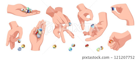 Hand play marbles. Glass balls with abstract patterns inside orb, old game, multicolored transparent crystal spheres with abstract elements, different hand positions, tidy vector concept 121207752