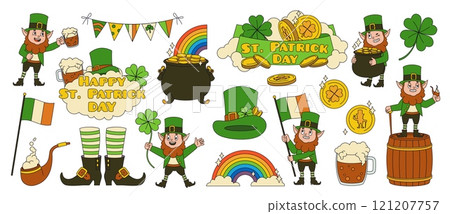 Saint Patrick day elements. Cartoon funny gnome and leprechaun holds clover, drink mug, pot of gold, irish beer festival lucky, green comic dwarf with cauldron tidy vector isolated set 121207757