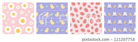 Simple kids seamless patterns. Cute repeated elements, kawaii childish objects, funny ducklings, bunnies, berries. Decor textile, wrapping, wallpaper. Print for fabric vector backgrounds set Simple kids seamless patterns. Cute repeated elements, kawaii childish objects, funny ducklings, bunnies, berries. Decor textile, wrapping, wallpaper. Print for fabric vector backgrounds set 121207758