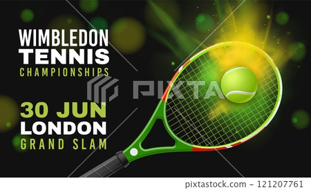 Tennis poster. Championship invitation horizontal banner. Realistic 3d racket and ball. Professional sport tournament. Abstract background. Announcement of flyer template. Vector concept 121207761