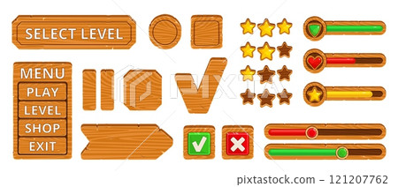 Ui buttons icons. Wooden panels different shapes, progress, loading bars, sliders, game menu options, interface elements, game interface, navigation board and pointer, nowaday vector set 121207762