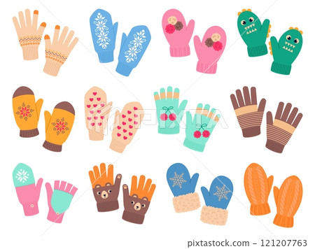 Winter knitted gloves and mittens. Warm wool hands accessories, cold weather patterned clothes, patterned wear elements, funny prints and cozy patterns, cartoon flat isolated vector set 121207763