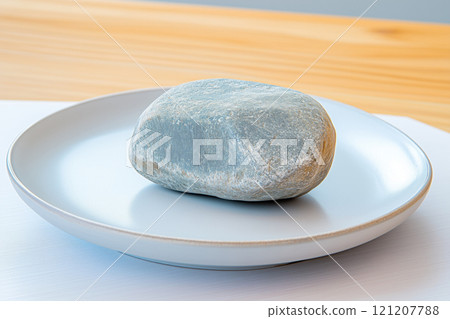 Gray stone on a blue plate on a light background Gray stone on a blue plate on a light background 121207788