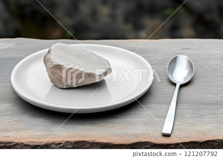 stone on plate with spoon on rough wooden table 121207792