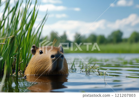 Capybara (Hydrochoerus hydrochaeris) in natural habitat 121207803