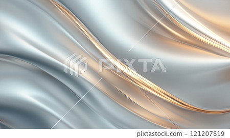 A mesmerizing abstract digital art piece featuring flowing metallic waves in shades of silver and gold. 121207819