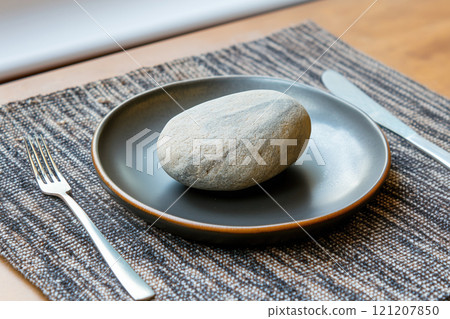 stone on white plate with spoon and fork on wooden table 121207850