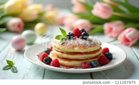 Pancakes with berries and powdered sugar on Easter-themed table, American Easter brunch 121207873