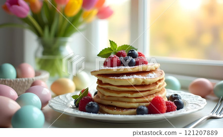 Pancakes with berries and powdered sugar on Easter-themed table, American Easter brunch 121207889