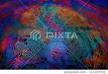 Abstract representation of a fingerprint with vibrant hues. Intricate lines and patterns create a visually striking print effect, highlighting the uniqueness identification. Personal identity concept 121207930