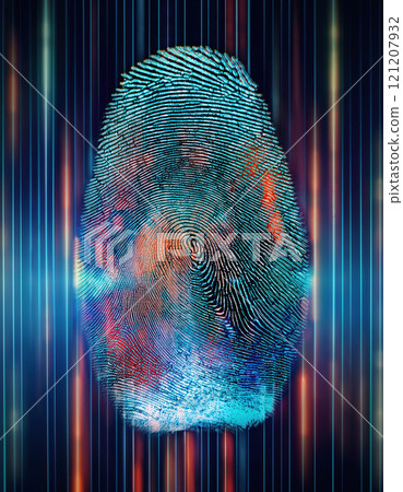 Fingerprint in vibrant hues with dynamic motion lines and patterns creating a striking visual effect with unique identification. Personal identity and security privacy concept 121207932