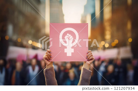 Female activist with hands raised holding up a pink banner with girl power sign during a public protest demonstration on the crowded city street. Feminist parade rally, feminism conceptual background 121207934