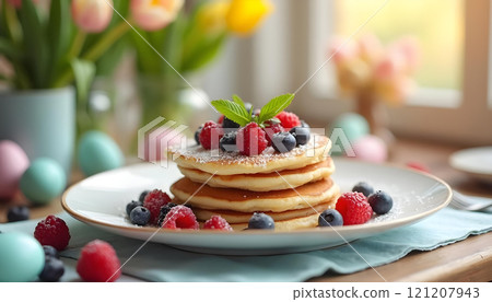 Pancakes with berries and powdered sugar on Easter-themed table, American Easter brunch 121207943