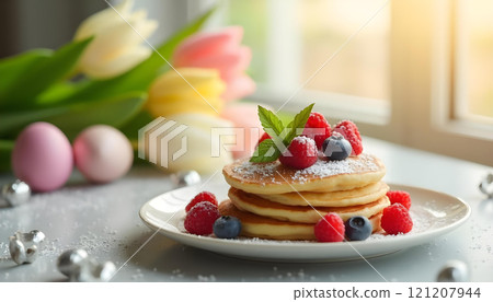 Pancakes with berries and powdered sugar on Easter-themed table, American Easter brunch 121207944
