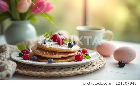 Pancakes with berries and powdered sugar on Easter-themed table, American Easter brunch 121207945