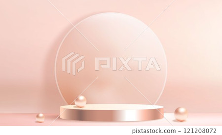 Minimalist beige podium with glass circle backdrop Minimalist beige podium with glass circle backdrop 121208072
