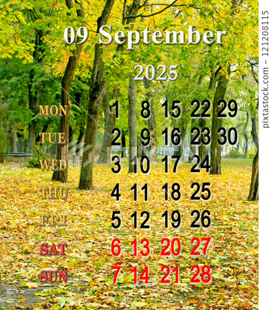 September calendar 2025 with photo of autumn park. Calendar for printing September calendar 2025 with photo of autumn park. Calendar for printing 121208115