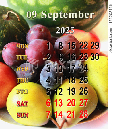 September calendar 2025 with photo of fruits plums pears watermelon and grapes 121208116