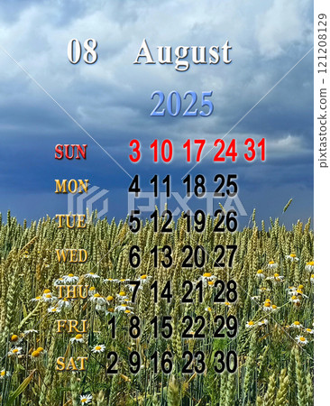 Calendar for August 2025 with photo of flower field in thunder storm clouds. 121208129
