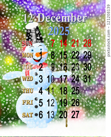 Calendar for December 2025 with photo of fairytale snowman. Sunday start 121208139