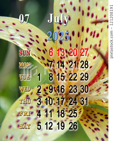 calendar for July with photo of blossoming flower of lily. Sunday start 121208191