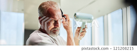 Website header shot of handsome mature man styling hair with hairdryer after taking refreshing shower as part of daily self care routine at home, copy space Website header shot of handsome mature man styling hair with hairdryer after taking refreshing shower as part of daily self care routine at home, copy space 121208215