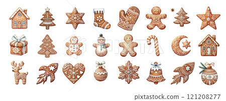 Set of watercolor Christmas Gingerbread cookies. Cute winter homemade sweets in festive shapes isolated on white background. 121208277