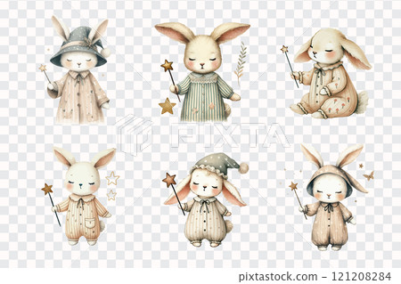 Set of watercolor sleeping bunny or rabbit. 121208284