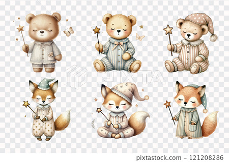 Set of watercolor sleeping bear and fox. Set of watercolor sleeping bear and fox. 121208286