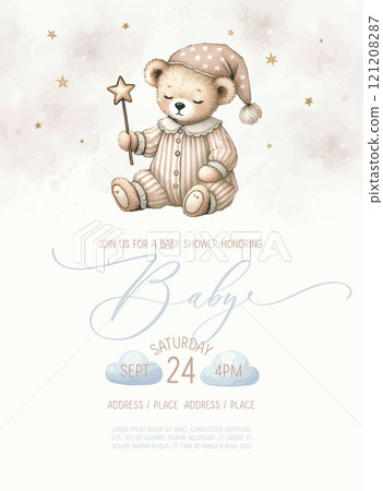 Cute baby shower watercolor invitation card with sleeping bear. Cute baby shower watercolor invitation card with sleeping bear. 121208287