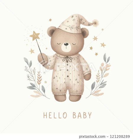 Cute baby shower watercolor invitation card with sleeping bear. Cute baby shower watercolor invitation card with sleeping bear. 121208289