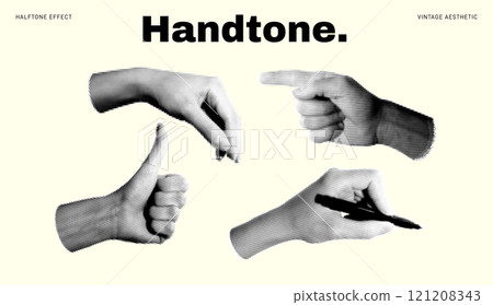 Set of halftone images of hands. Pop art retro style illustration 121208343