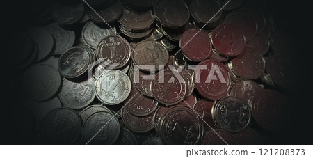 Ukrainian iron money in dark background. Ukrainian coins Ukrainian iron money in dark background. Ukrainian coins 121208373